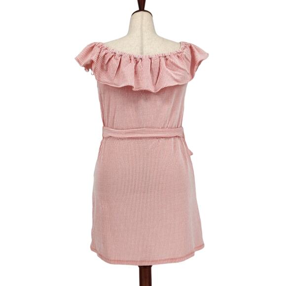 Michael Kors Women Pink Striped Casual Ruffle Off-the-Shoulder Mini Dress Size L - Picture 5 of 8